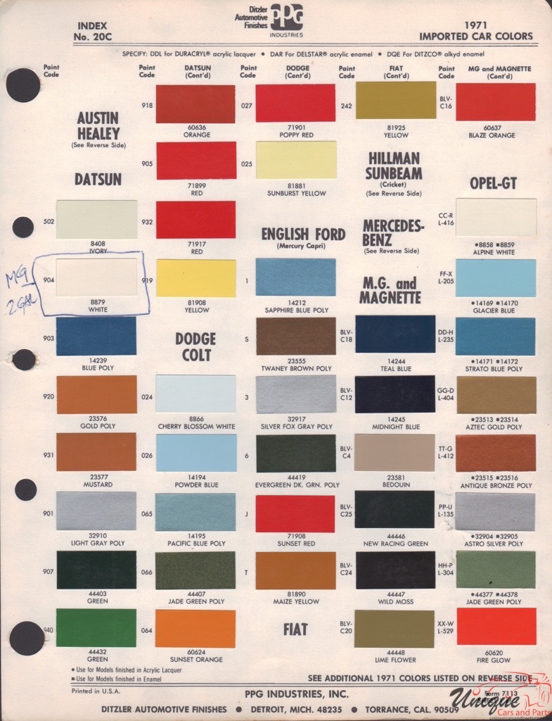 1971 MG Paint Charts PPG 1